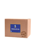 Brown cardboard box with a blue label and branding on a white background