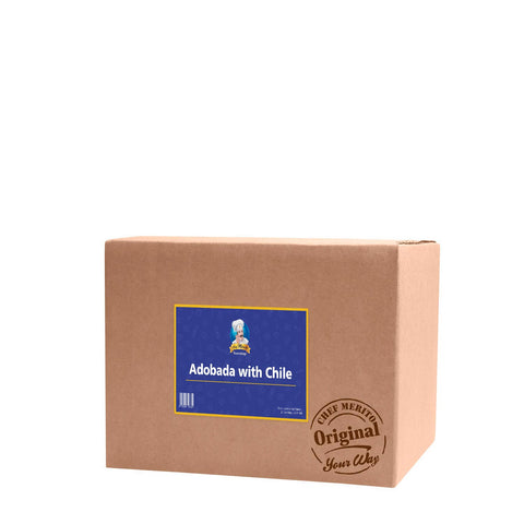 Brown cardboard box with a blue label and branding on a white background