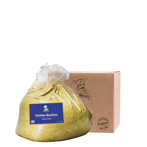 Bag of chicken bouillon with a cardboard box on a white background
