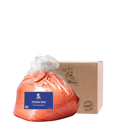 Bag of chicken red powder with a cardboard box on a white background