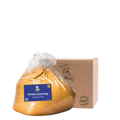 Bag of chicken seasoning with a cardboard box on a white background