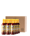 Set of bottles with yellow labels and a cardboard box on a white background