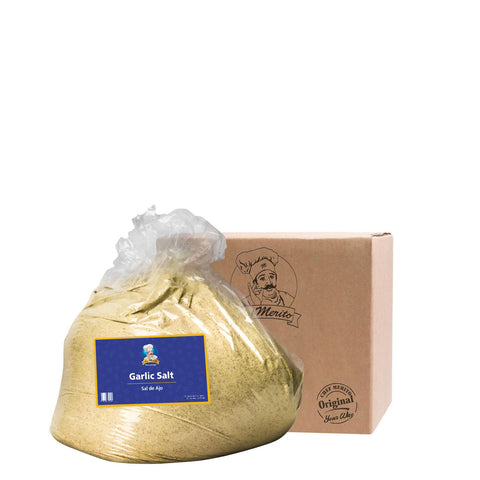 Bag of garlic salt with a branded box on a white background