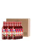 Multiple bottles of meat marinade with a cardboard box on a white background