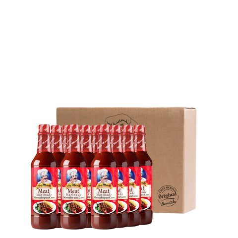 Multiple bottles of meat marinade with a cardboard box on a white background