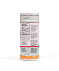 Tall cylindrical container with a label on a white background