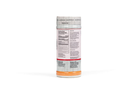 Tall cylindrical container with a label on a white background