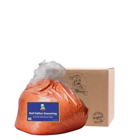 Bag of red fajitas seasoning with a cardboard box in the background