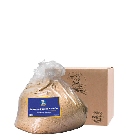 Bag of seasoned bread crumbs with a branded box on a white background
