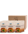 Packaging of seasoned bread crumb packets with a cardboard box in the background