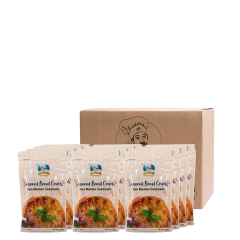 Packaging of seasoned bread crumb packets with a cardboard box in the background