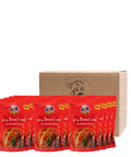 Red packages of 'Spicy Bread Crumbs' with a cardboard box in the background