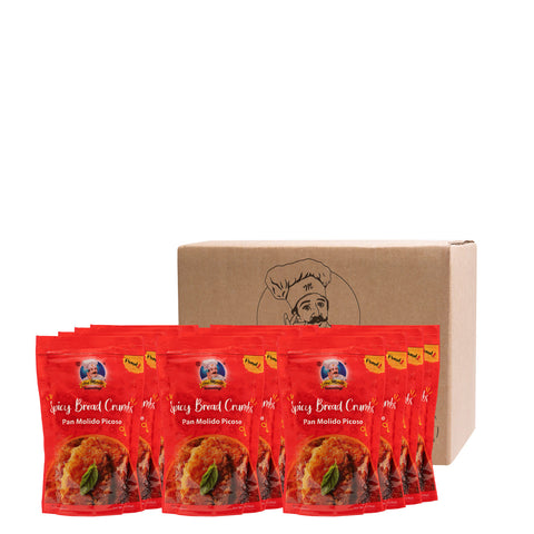 Red packages of 'Spicy Bread Crumbs' with a cardboard box in the background